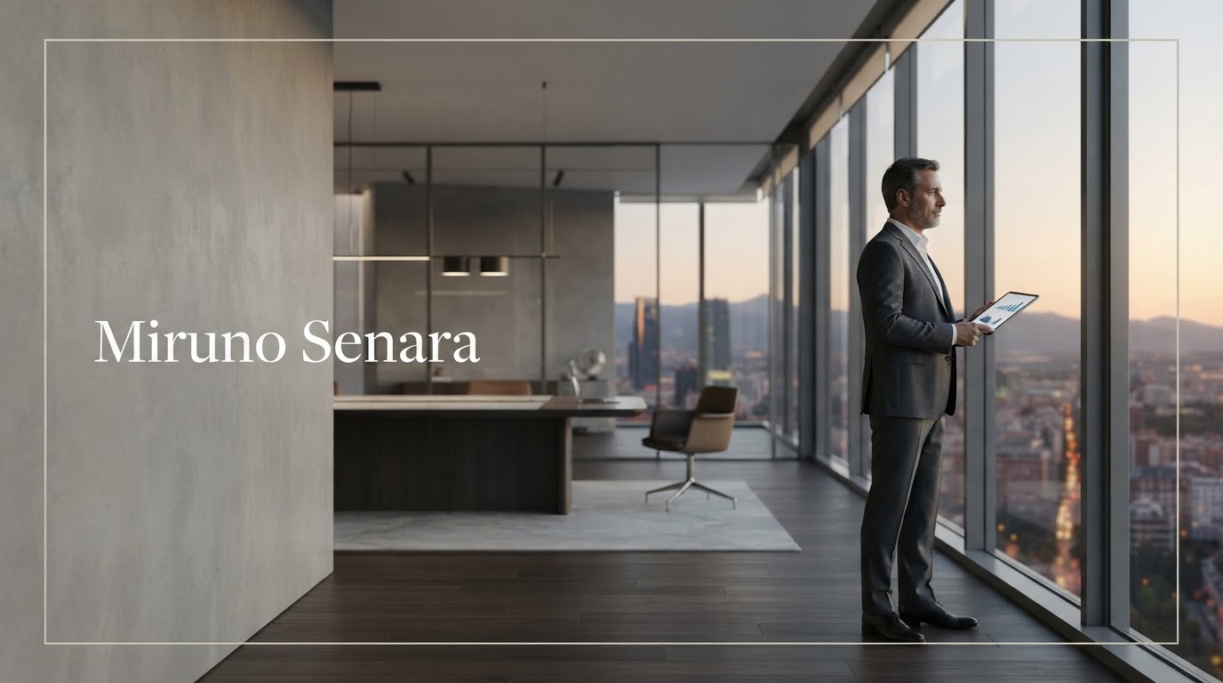 Miruno Senara — detalle arquitectónico en tonos grafito que transmite precisión y estabilidad